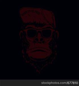 Illustration of monkey in baseball cap and sunglasses. Design element for poster, t shirt, emblem, sign, label. Vector illustration