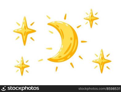 Illustration of moon and stars. Cartoon cute image of night.. Illustration of moon and stars. Cartoon image of night.