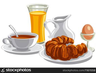 illustration of morning healthy breakfast with tea and croissant. morning healthy breakfast
