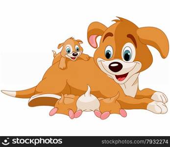 Illustration of mother dog nursing cute puppies