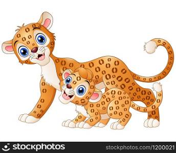 Illustration of Mother leopard and cub leopard cartoon