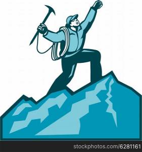 Illustration of mountain climber climbing reaching the summit celebrating holding ice axe done in retro woodcut style.. Mountain Climber Summit Retro