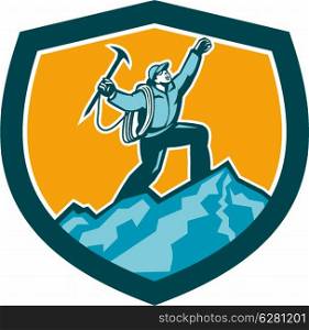 Illustration of mountain climber climbing reaching the summit celebrating holding ice axe set inside shield crest shape on isolated background done in retro woodcut style.