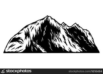 Illustration of mountain in engraving style. Design element for logo, emblem, sign, poster, card, banner. Vector illustration