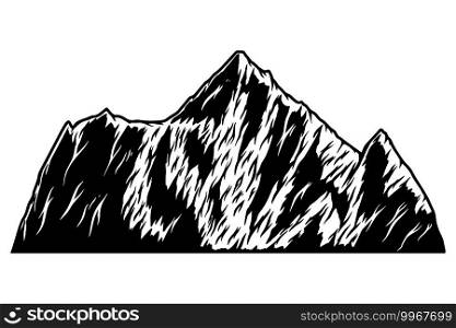 Illustration of mountain in engraving style. Design element for logo, emblem, sign, poster, card, banner. Vector illustration
