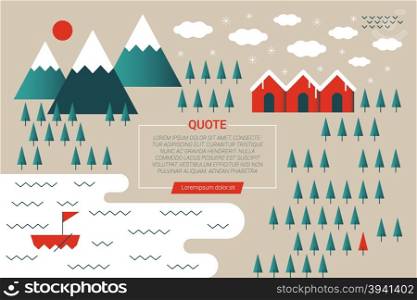 Illustration of mountain village concept in winter season with space for text