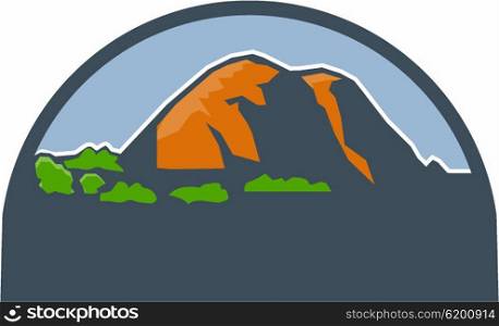 Illustration of mountains and trees scenery set inside half circle done in retro style. . Mountains Trees Half Circle Retro