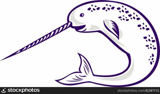 illustration of narwhal Monodon monoceros unicorn whale witjh straight tusk tooth on isolated white background. Narwhal Monodon monoceros unicorn whale