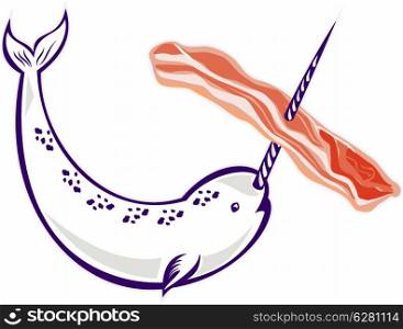 illustration of narwhal whale Monodon monoceros unicorn whale stringing bacon with tusk horn. narwhal whale stringing bacon