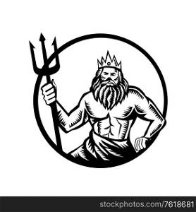 Illustration of neptune or poseidon god of the sea holding trident viewed from front set inside circle on isolated background done in retro black and white woodcut style. . Poseidon Holding Trident Circle Woodcut Black and White
