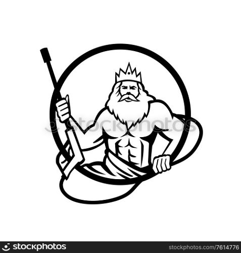 Illustration of Neptune, roman god of sea holding pressure power washer water blaster viewed from front set inside circle on isolated background done in retroblack and white style.. Neptune Holding Power Washer Wand or Water Blaster Circle Retro Black and White