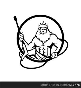 Illustration of Neptune, roman god of sea holding pressure power washer water blaster viewed from front set inside circle on isolated background done in retroblack and white style.. Neptune Holding Power Washer Wand or Water Blaster Circle Retro Black and White