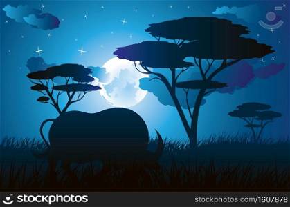 Illustration of night landscape and bull silhouette design.