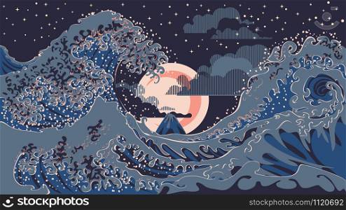 Illustration of nightscape with big ocean waves, modern retro art design.