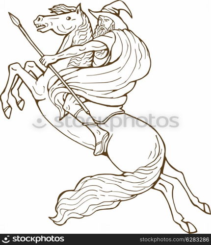 illustration of Norse God Odin riding horse isolated on white . Norse God Odin riding horse