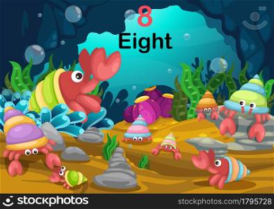 Illustration of number eight hermit crab under the sea vector