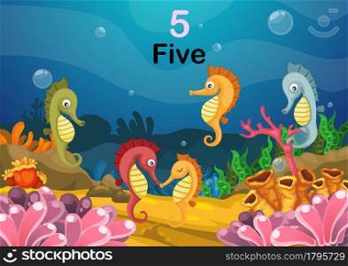 Illustration of number five sea horse under the sea vector