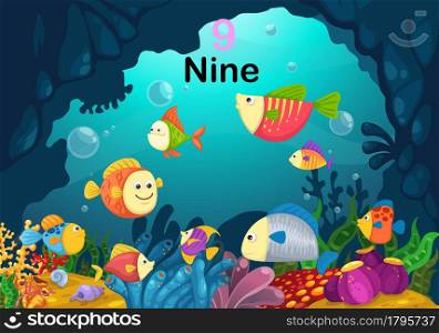 Illustration of number nine fish under the sea vector