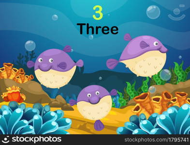 Illustration of number three puffer fishes the sea vector