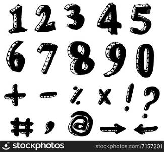 Illustration of numbers icons elements, including symbols like minus,plus,@,equal,question mark,exclamation mark,arrrows,comma. Doodle Numbers And Mathematics Elements