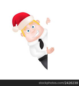 Illustration of office worker wearing in Christmas hat peeping out. New Year, holiday, office party. Celebration concept. Design element for greeting cards, posters, leaflets and brochures.