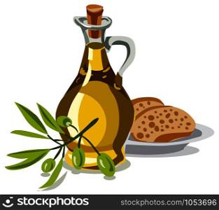 illustration of oil olive with bread and fresh olives. oil olive with bread