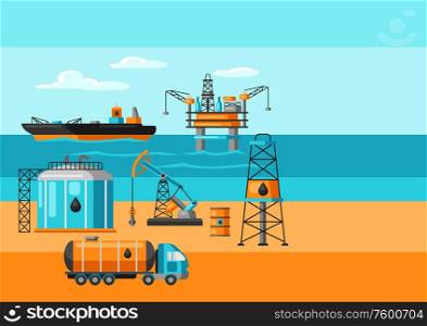 Illustration of oil production. Industrial and business landscape background.. Illustration of oil production.