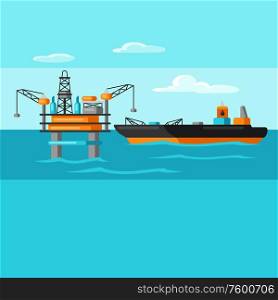 Illustration of oil sea platform and tanker. Industrial and business landscape background.. Illustration of oil sea platform and tanker.