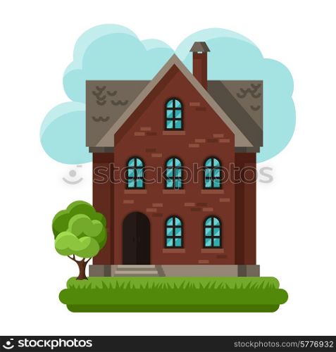 Illustration of old brick cottage on clouds background.. Illustration of old brick cottage on clouds background