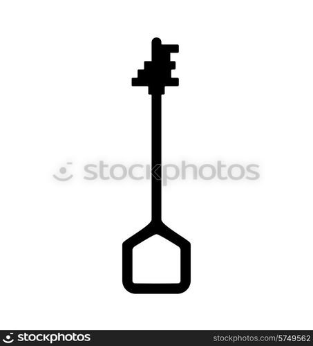 Illustration of old lever type key with handle shaped house and head ledge stairs, black silhouette isolated on white - vector