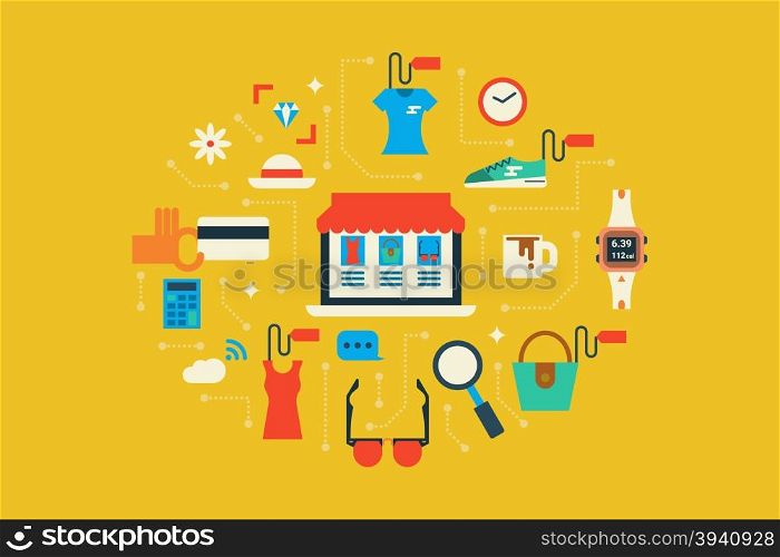 Illustration of online market&#xA; flat design concept with icons elements