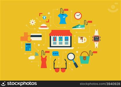 Illustration of online market&#xA; flat design concept with icons elements