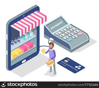 Illustration of online shopping concept on mobile phone. Smartphone with awning and products on display. Male buyer puts the purchase into basket. Credit card payment in Internet store application. Illustration of online shopping concept on mobile phone. Smartphone with awning, products on display