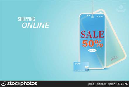 illustration of Online shopping. Smartphone open internet shop. Concept idea of mobile marketing and e-commerce.Supermarket with credit card of purchases payment.Creative paper art and craft style.