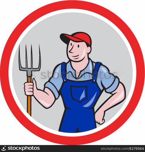 Illustration of organic farmer holding pitchfork facing front set inside circle done in cartoon style. Farmer Holding Pitchfork Circle Cartoon