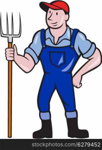Illustration of organic farmer holding pitchfork facing front standing on isolated background done in cartoon style.