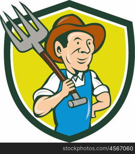 Illustration of organic farmer holding pitchfork on shoulder looking to the side viewed from front set inside shield crest on isolated background done in cartoon style.. Farmer Holding Pitchfork Shoulder Crest Cartoon