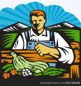 Illustration of organic farmer with crop produce harvest of vegetables facing front on fence with farm field and mountains in background done in retro woodcut style