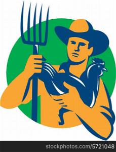 Illustration of organic farmer with pitchfork holding chicken facing front set inside circle on isolated background done in retro style.