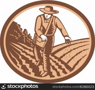 Illustration of organic farmer with satchel bag sowing seeds in farm field set inside oval shape done in retro woodcut style.. Organic Farmer Sowing Seed Woodcut Retro