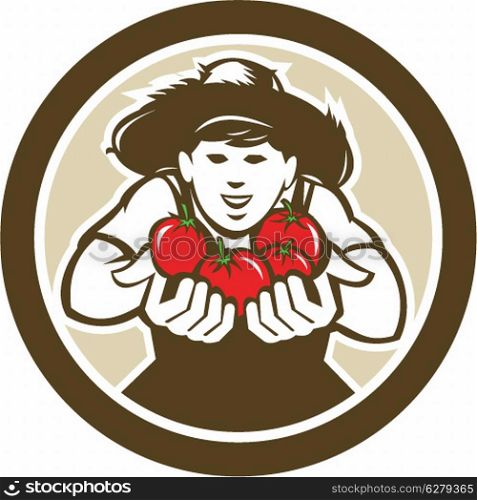 Illustration of organic tomato farmer holding tomato crop produce harvest facing front set inside circle on isolated background done in retro style.. Organic Tomato Farmer Boy Circle Retro