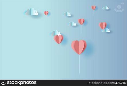 illustration of Origami balloon heart shape with nature cloudscape sky view .Valentine's day decoration red balloons heart concept.Creative design paper cut and craft style for pastel color vector.