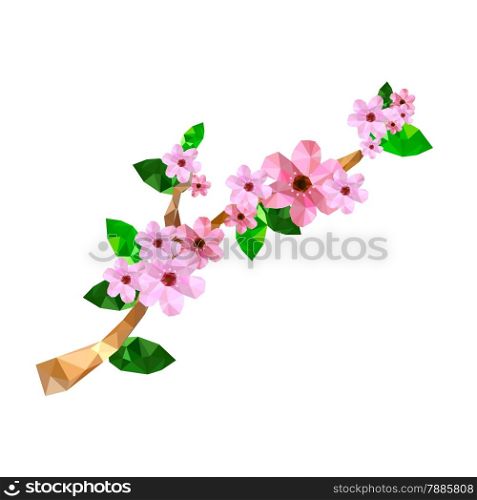 Illustration of origami branch with pink cherry blossom isolated on white background