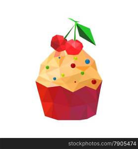 Illustration of origami cupcake with cherries isolated on white background