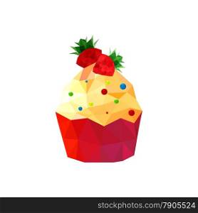 Illustration of origami cupcake with strawberries isolated on white background