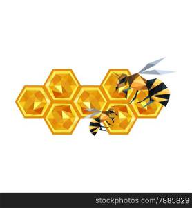 Illustration of origami honeycomb design and bees isolated on white background