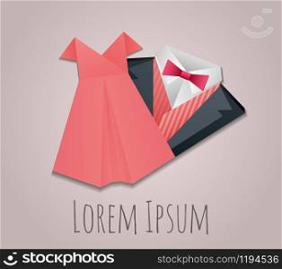 Illustration of origami men&rsquo;s suit and lady dress for logos for your design. Illustration of origami men&rsquo;s suit and lady dress for logos for