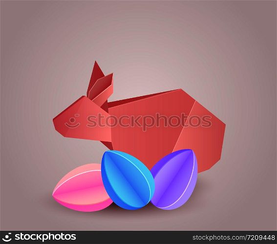 Illustration of origami paper rabbit with paper eggs separately from the background. Vector element for your design. Illustration of origami paper rabbit with paper eggs separately