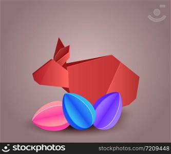 Illustration of origami paper rabbit with paper eggs separately from the background. Vector element for your design. Illustration of origami paper rabbit with paper eggs separately
