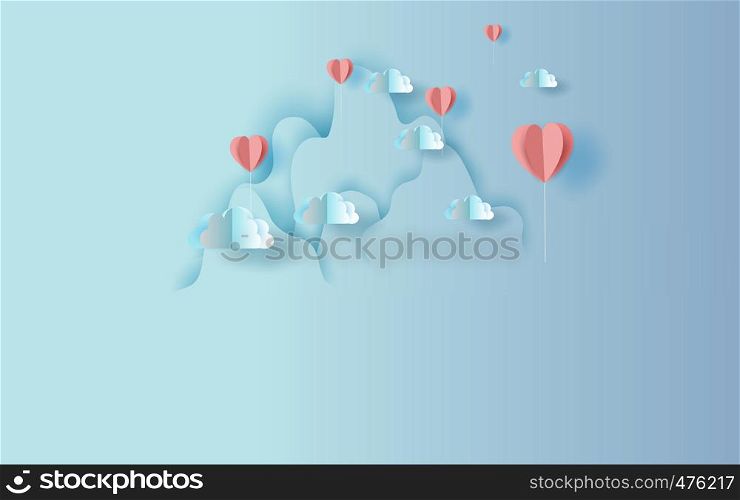 illustration of Origami red balloons heart shape floating with Mountains landscape view scene place for your love text space background.Valentine's day concept.Design Paper cut and craft style vector